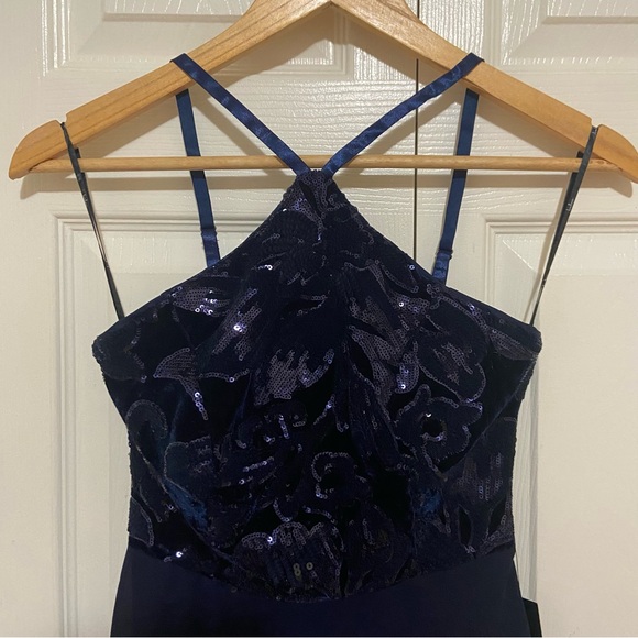 Lulus NWT Time of Love Navy Blue Sequin Halter Skater Velvet Burnout Mini Dress - Picture 5 of 12